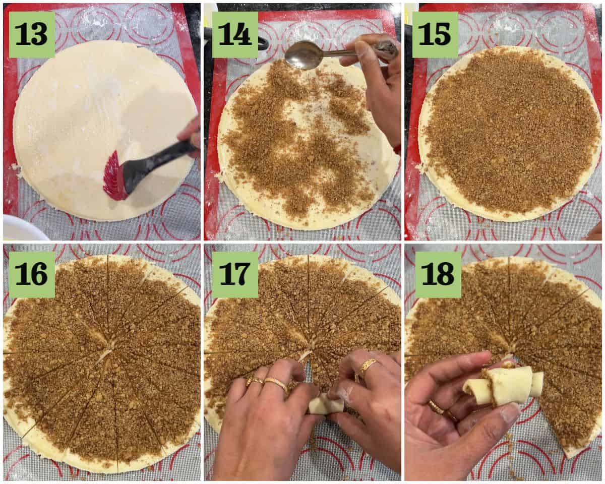 Process shot collage to show how to spread the cinnamon nut filling and to roll the cream cheese spirals.