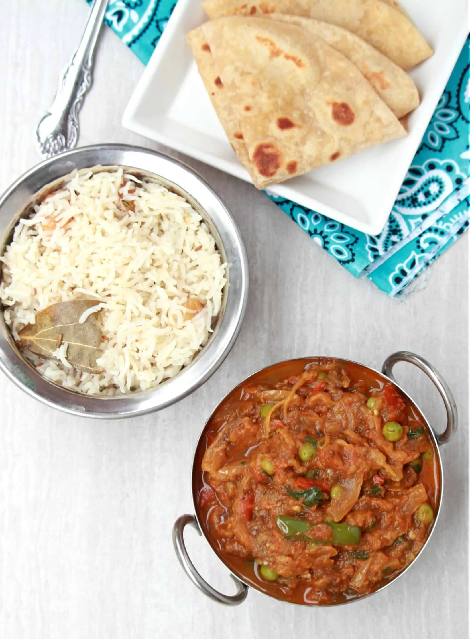 Baingan Bharta with white rice.