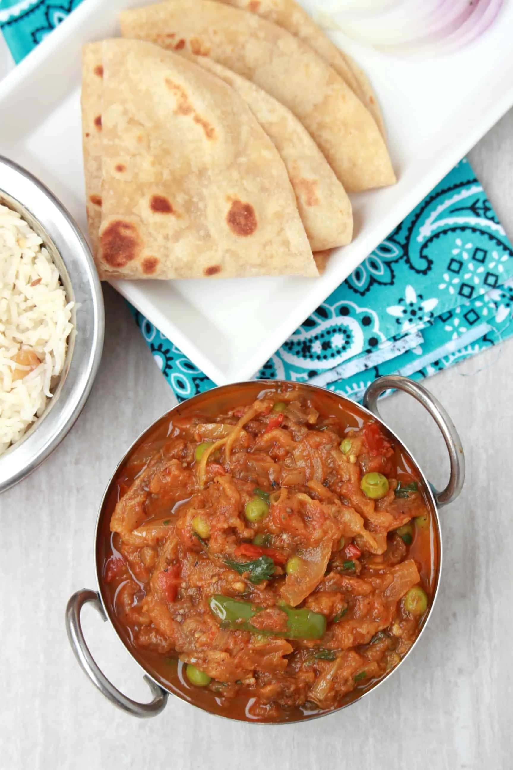 Baingan Bharta served with roti.