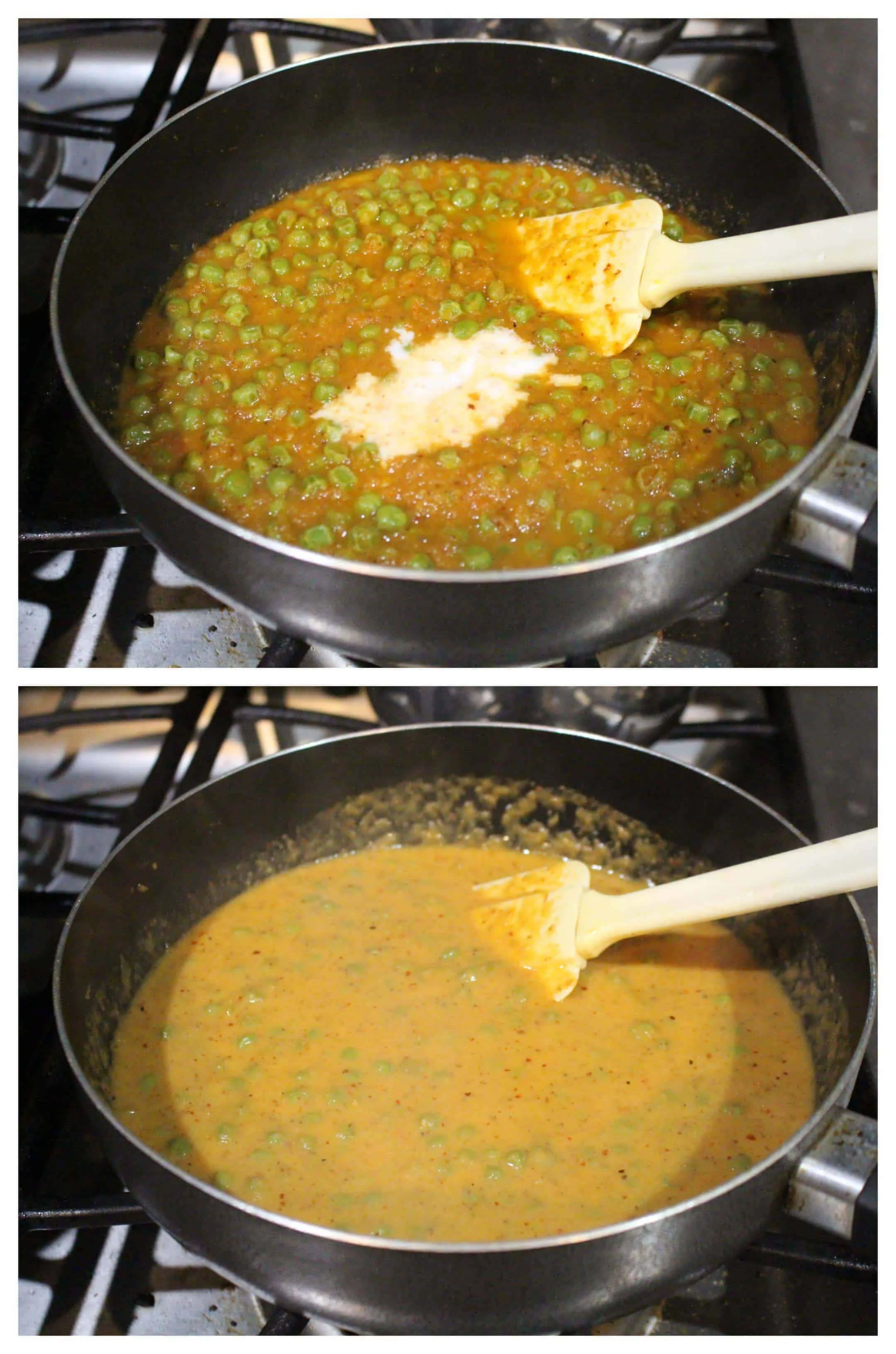 Adding coconut milk to peas masala gravy