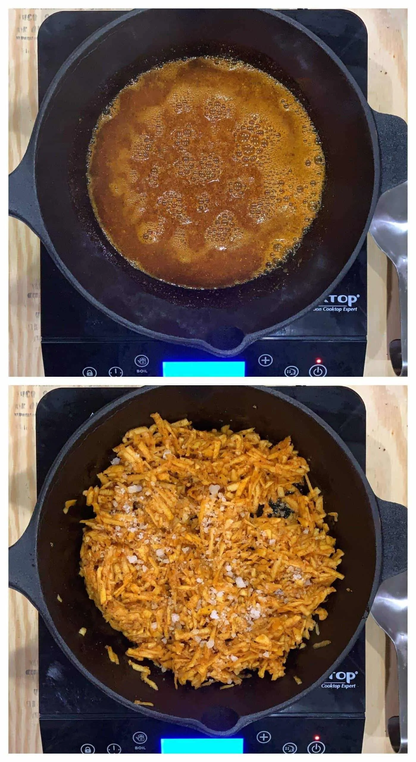 Cooking the apple pickle in a cast iron pan