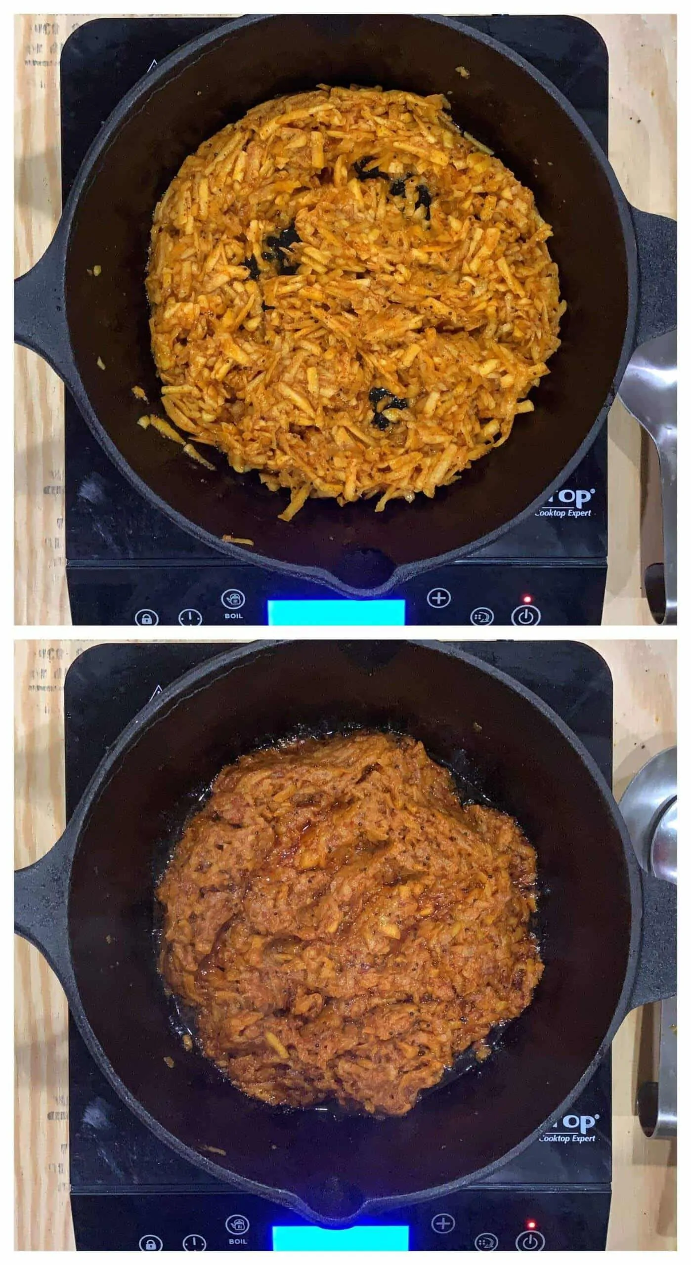 cooking apple pickle in a cast iron pan