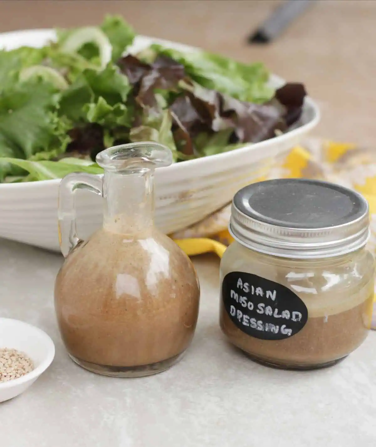 Jars of Asian miso salad dressing.