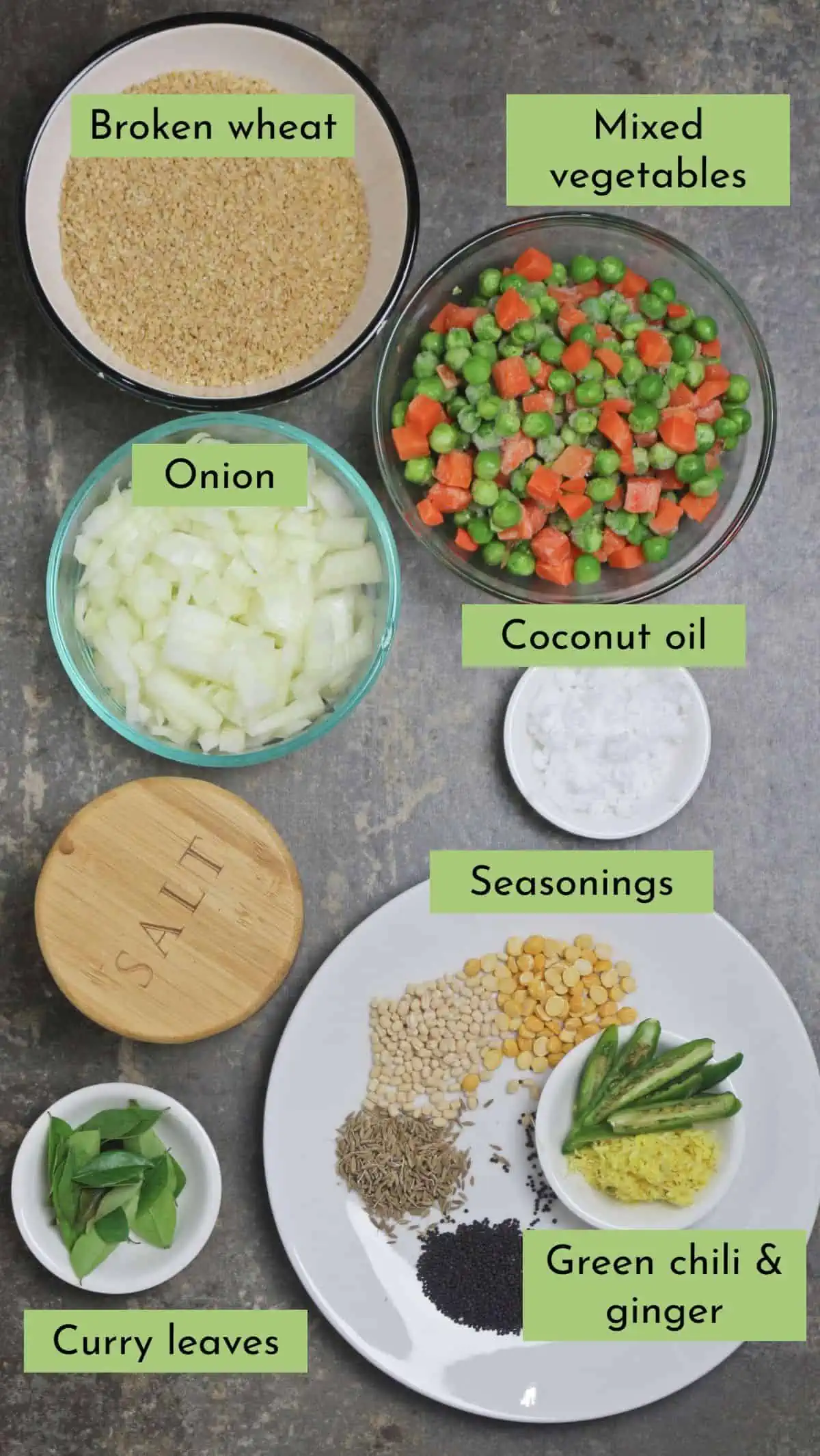 Ingredients needed to make broken wheat upma labeled.