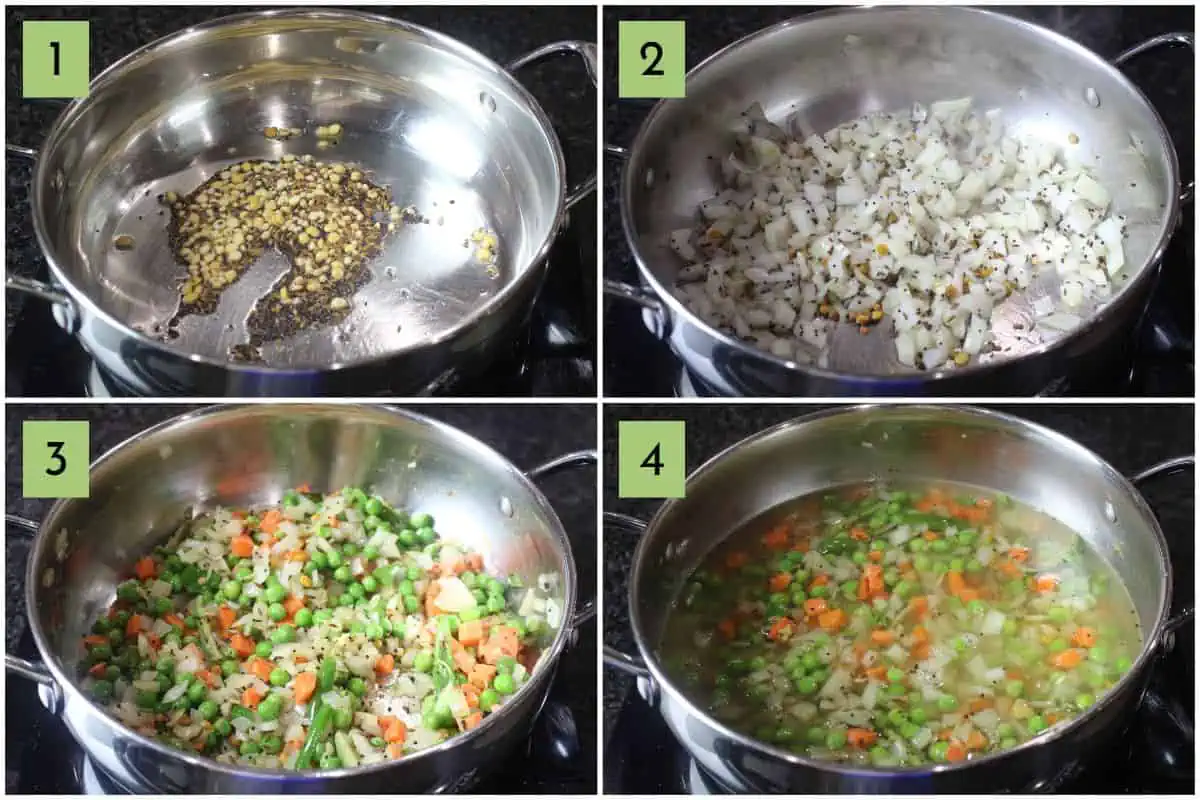 Process shot showing hot to make vegetable upma.