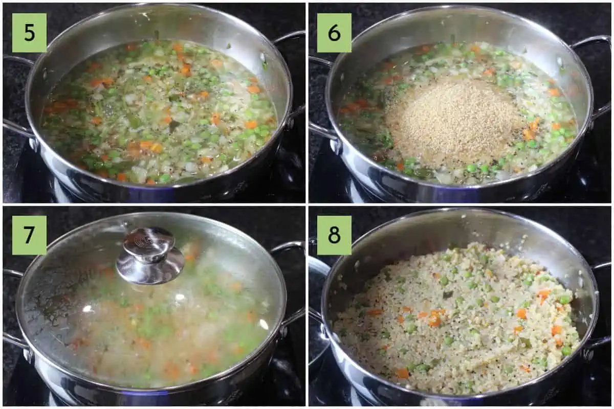 Process shot showing hot to make broken wheat upma.