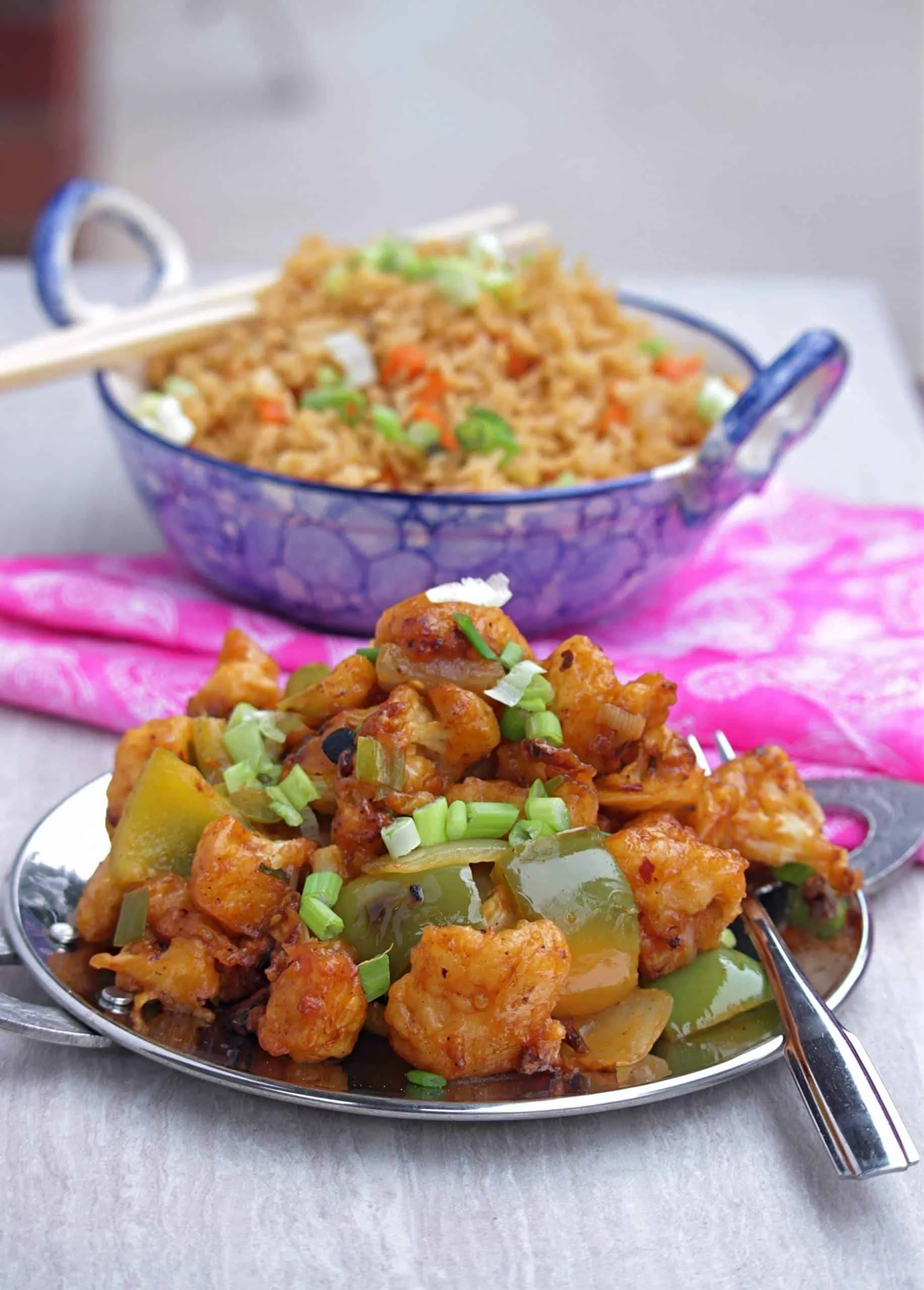 Restaurant style cauliflower manchurian with fried rice