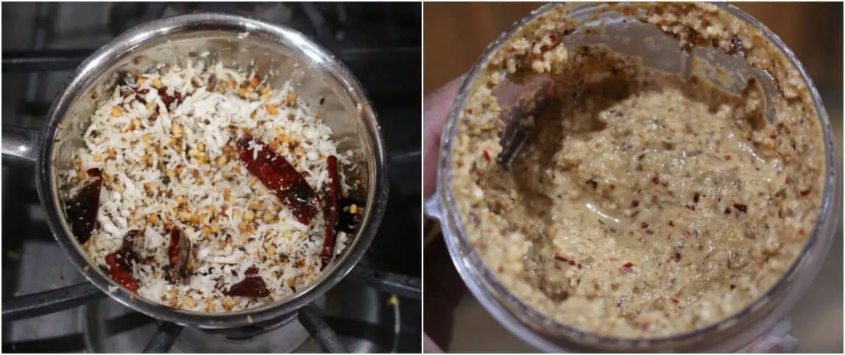 frying the lentils and coconut and grinding it in a paste