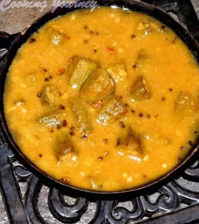 Vendakkai Sambhar in a casserole.