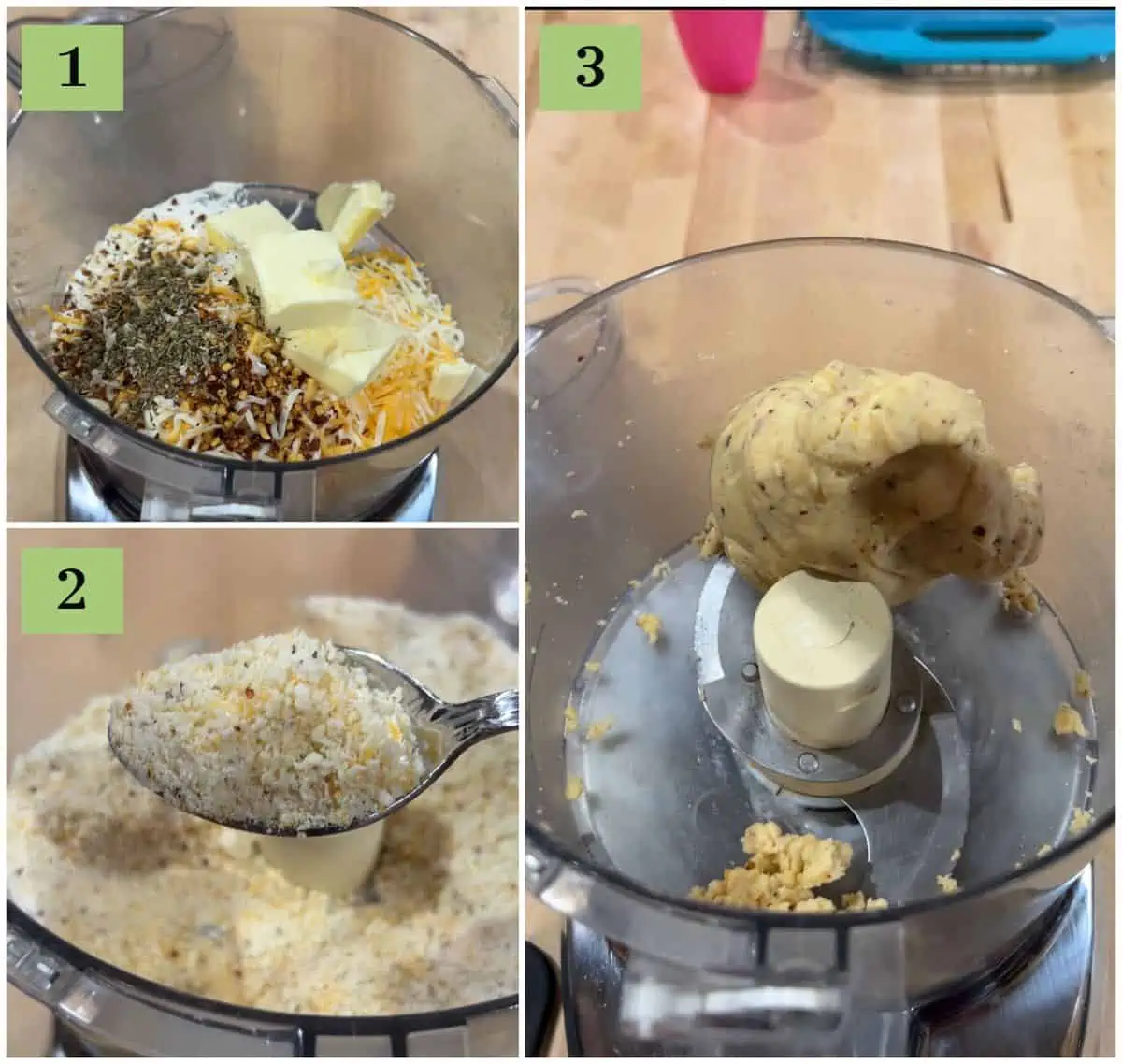 making cheese straw dough in a food processor.