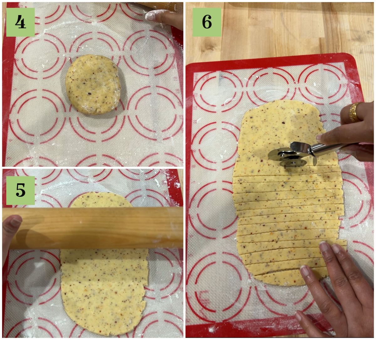 rolling the dough and cutting it in to strips to make cheese straws