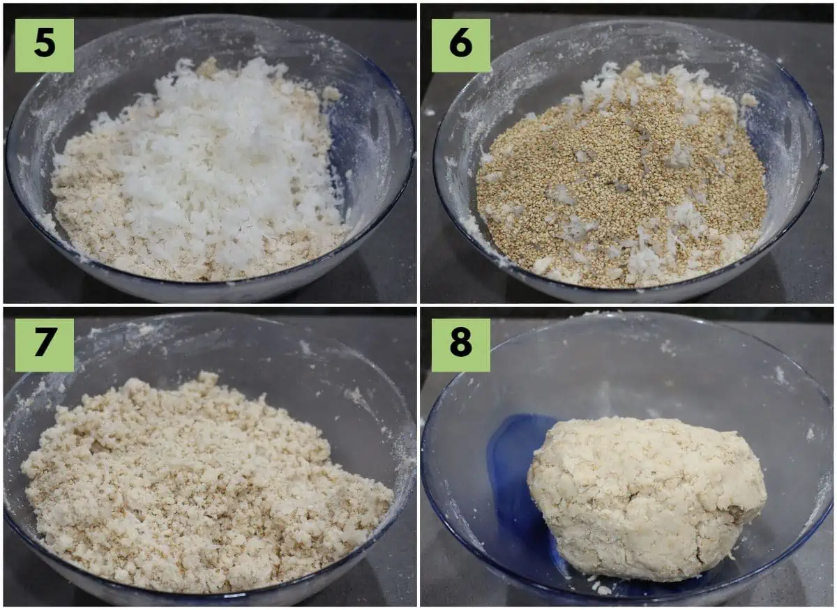 process shot to show addition of coconut and sesame seeds in cookie dough.