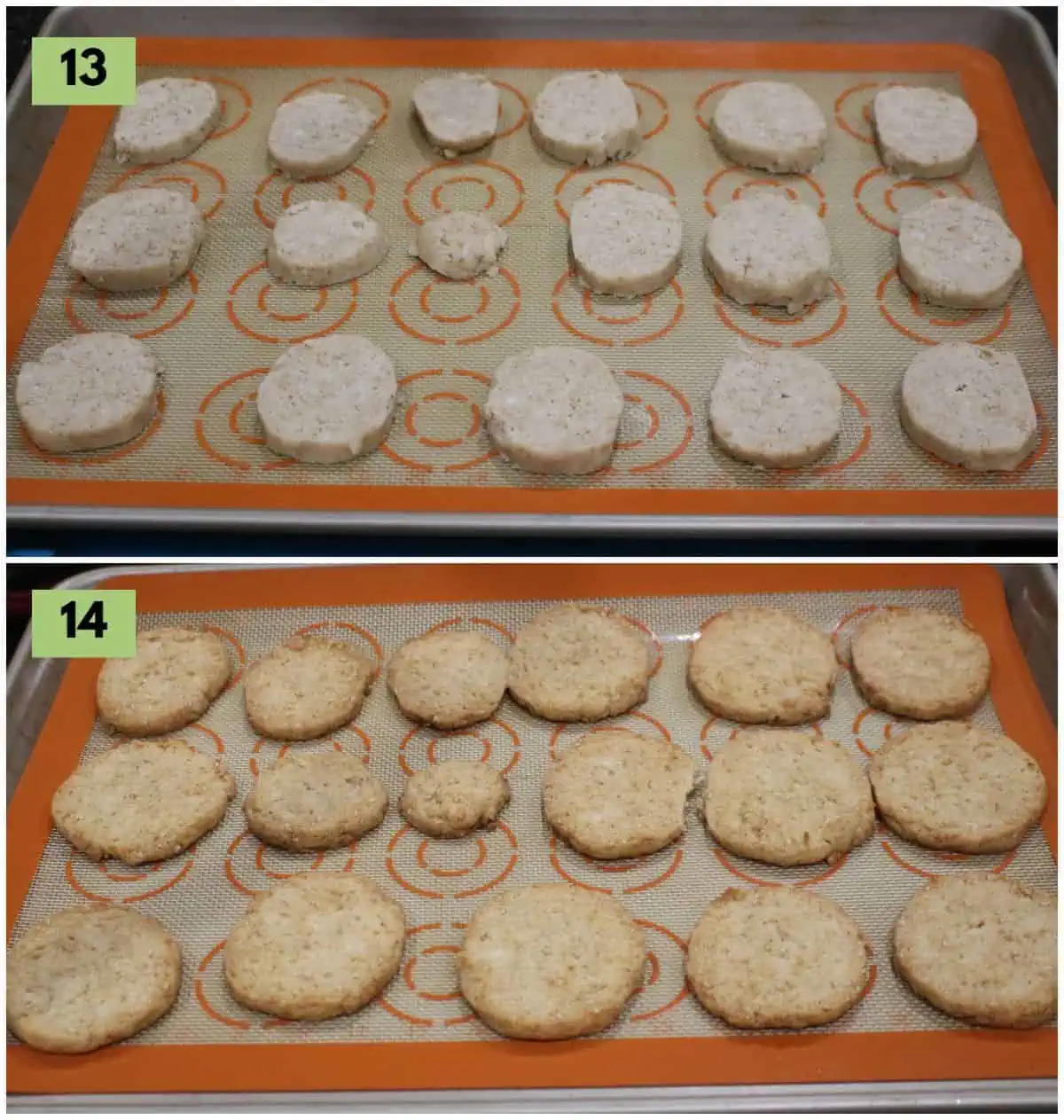 cookie dough in the baking sheet and baked cookies.