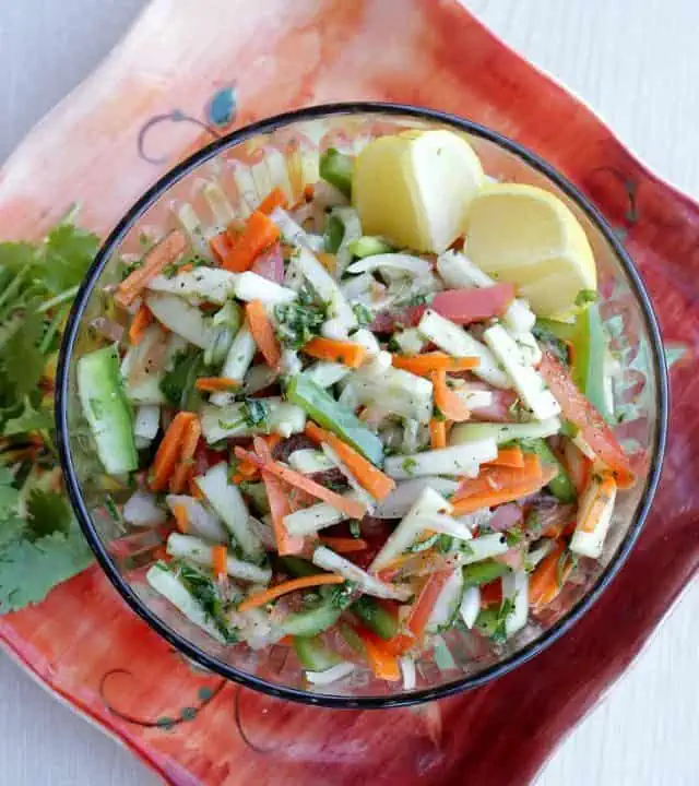 Kachumber salad in a glass bowl