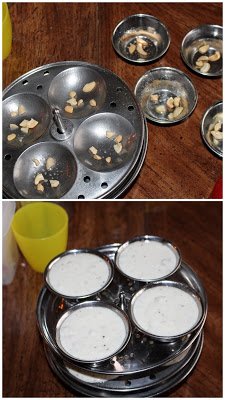 Pouring batter in the moulds.