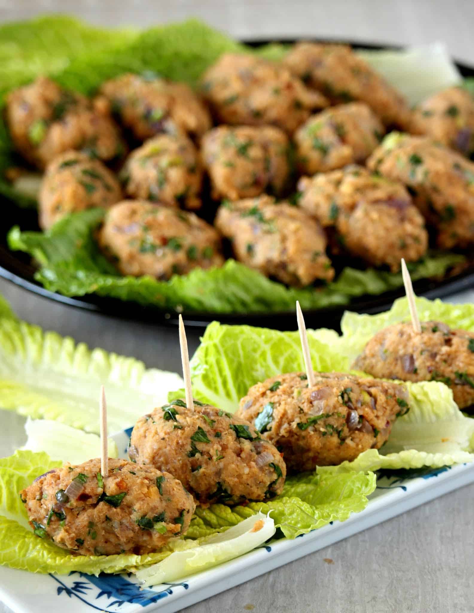 Turkish Red Lentil and Bulgur Kofte in plate and over lettuce wrap