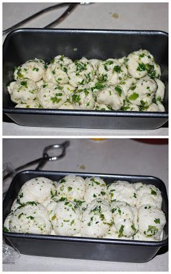 bread dough balls proofing in a loaf pan