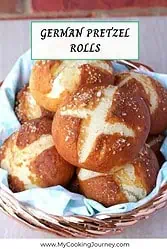 Bretzel Rolls layered in a basket with text overlay for Pinterest.