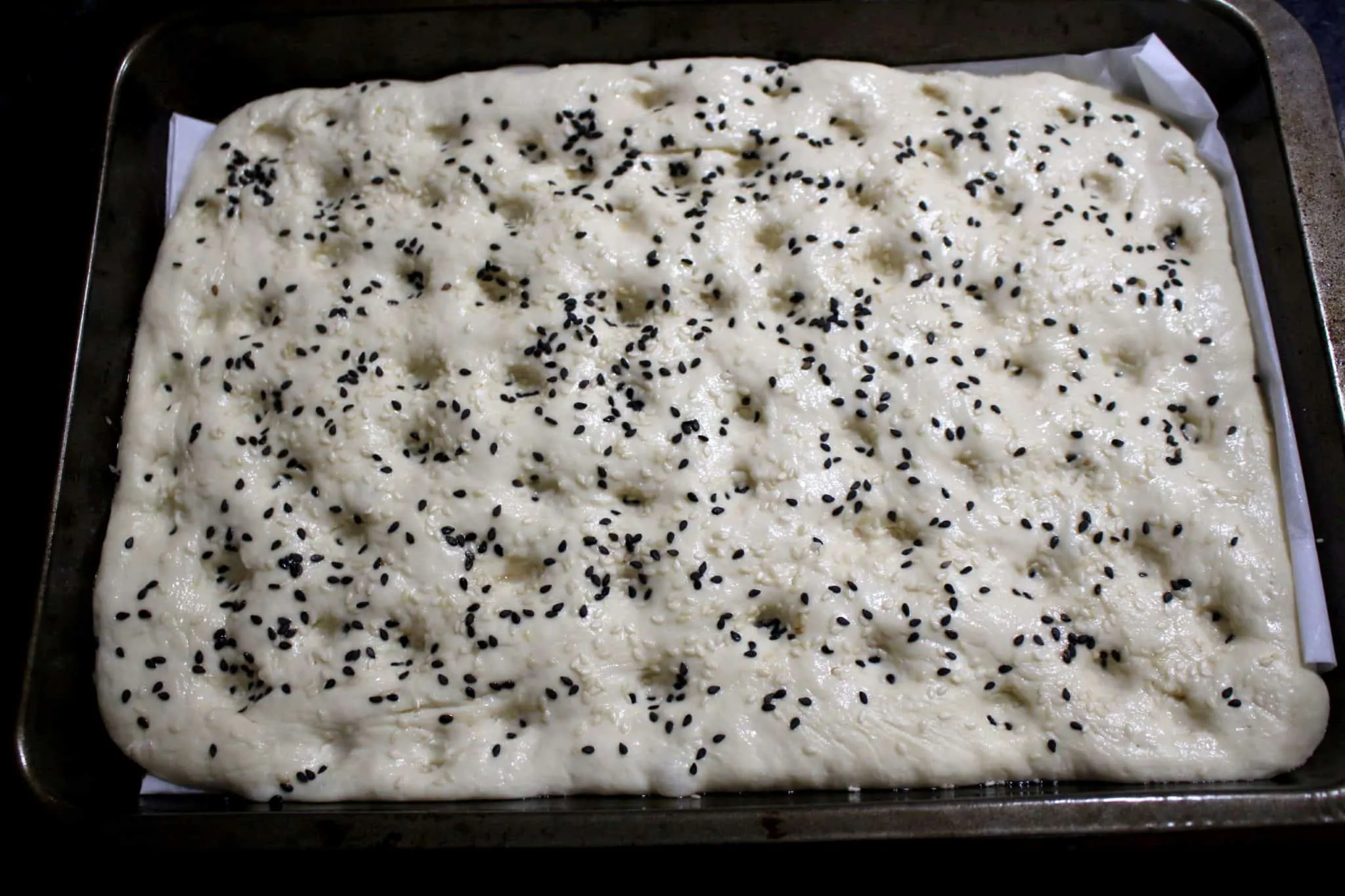 Flatbread proofed for second time and ready to go into oven