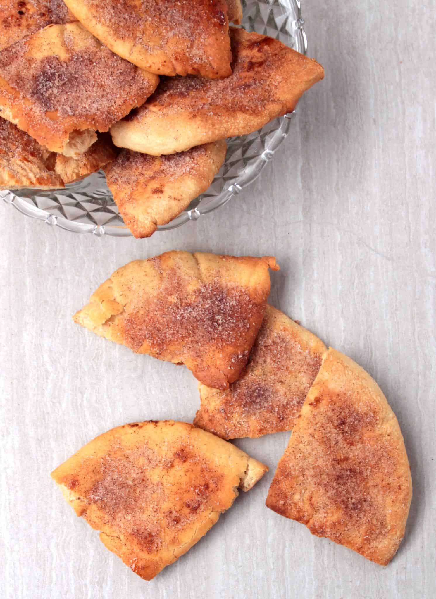 Crunchy Cinnamon Sugar Pita Chips served in a bowl.