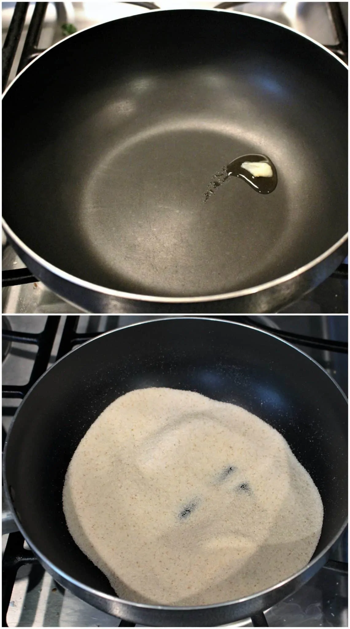 Frying rava for making rava ladoo.