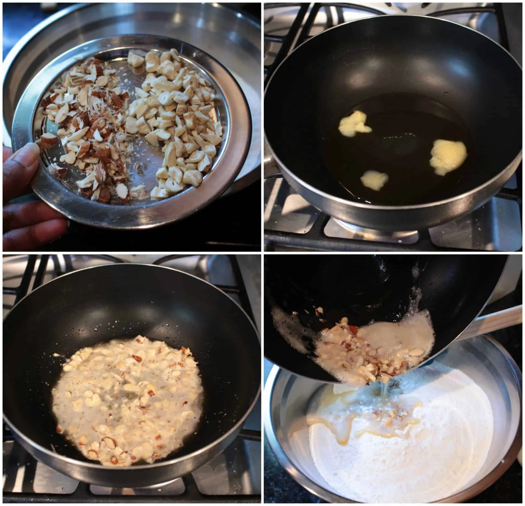 Roasting nuts to make Rawa ladoo.