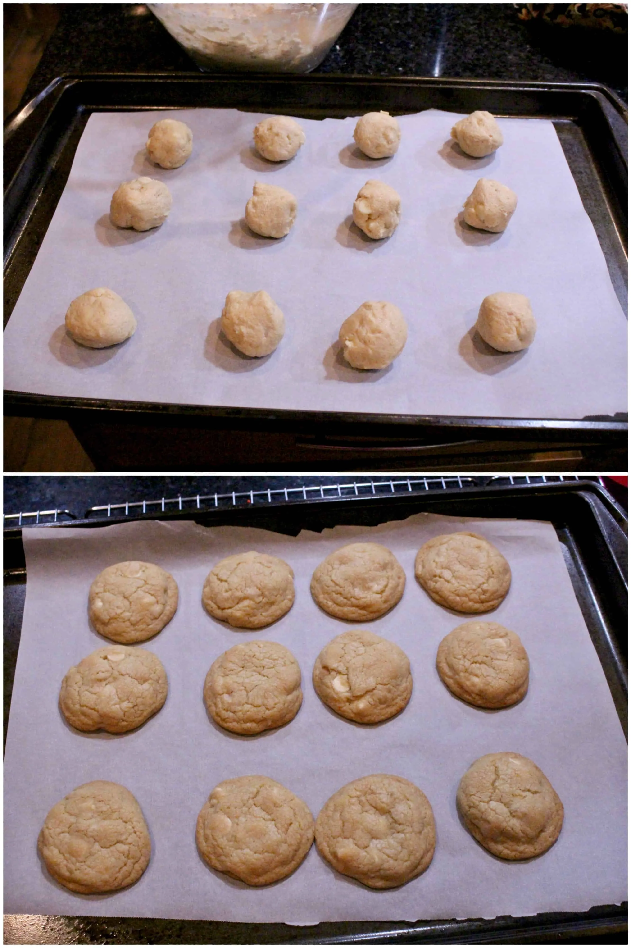 Cookie dough placed on tray and baked.