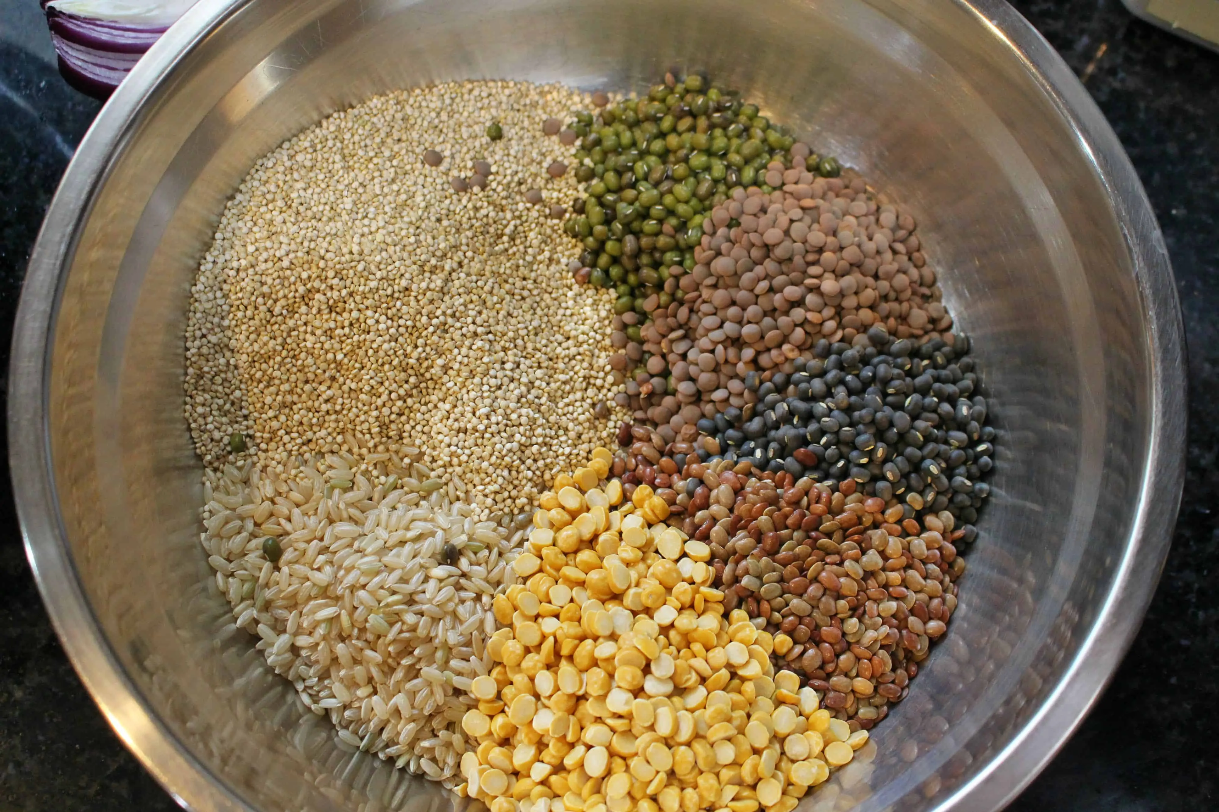 quinoa, brown rice and lentils in a bowl