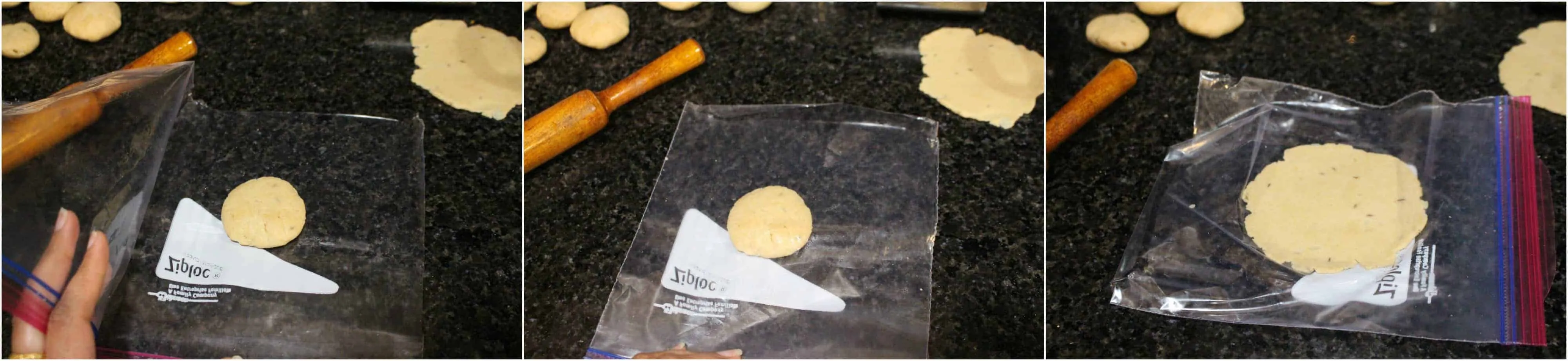 Rolling dough by placing it in the plastic bag to avoid sticking.