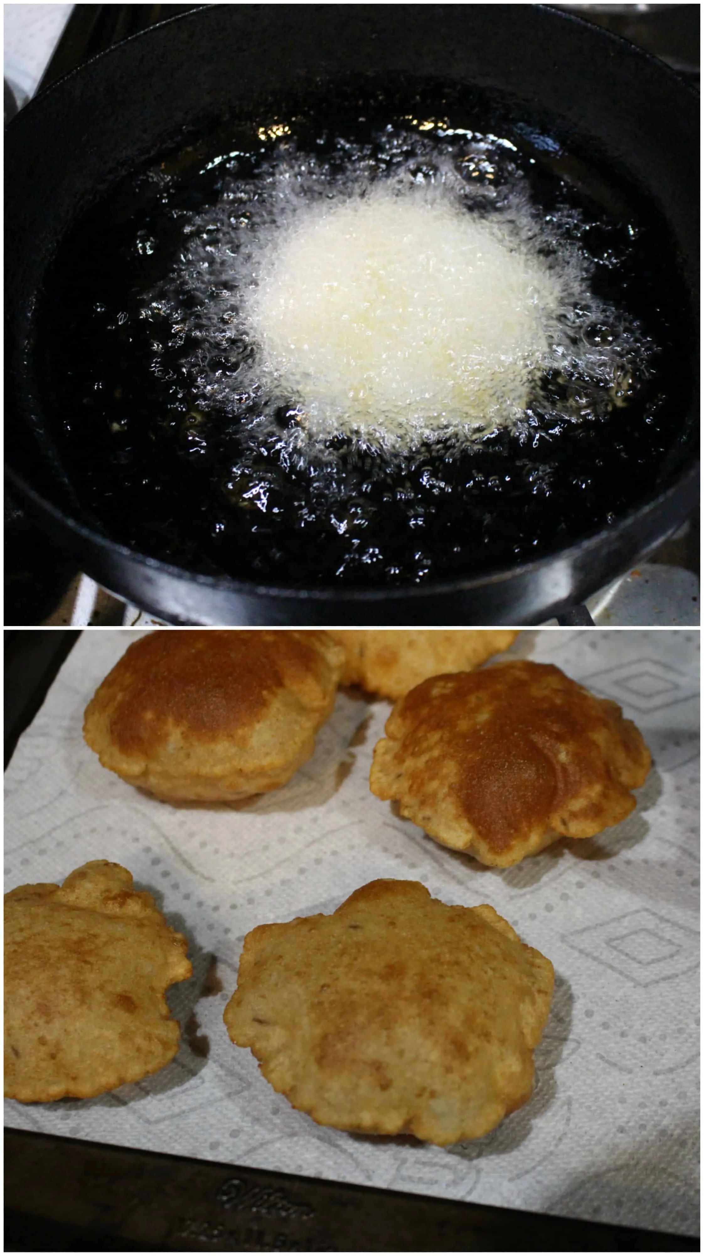 Frying poori in oil.