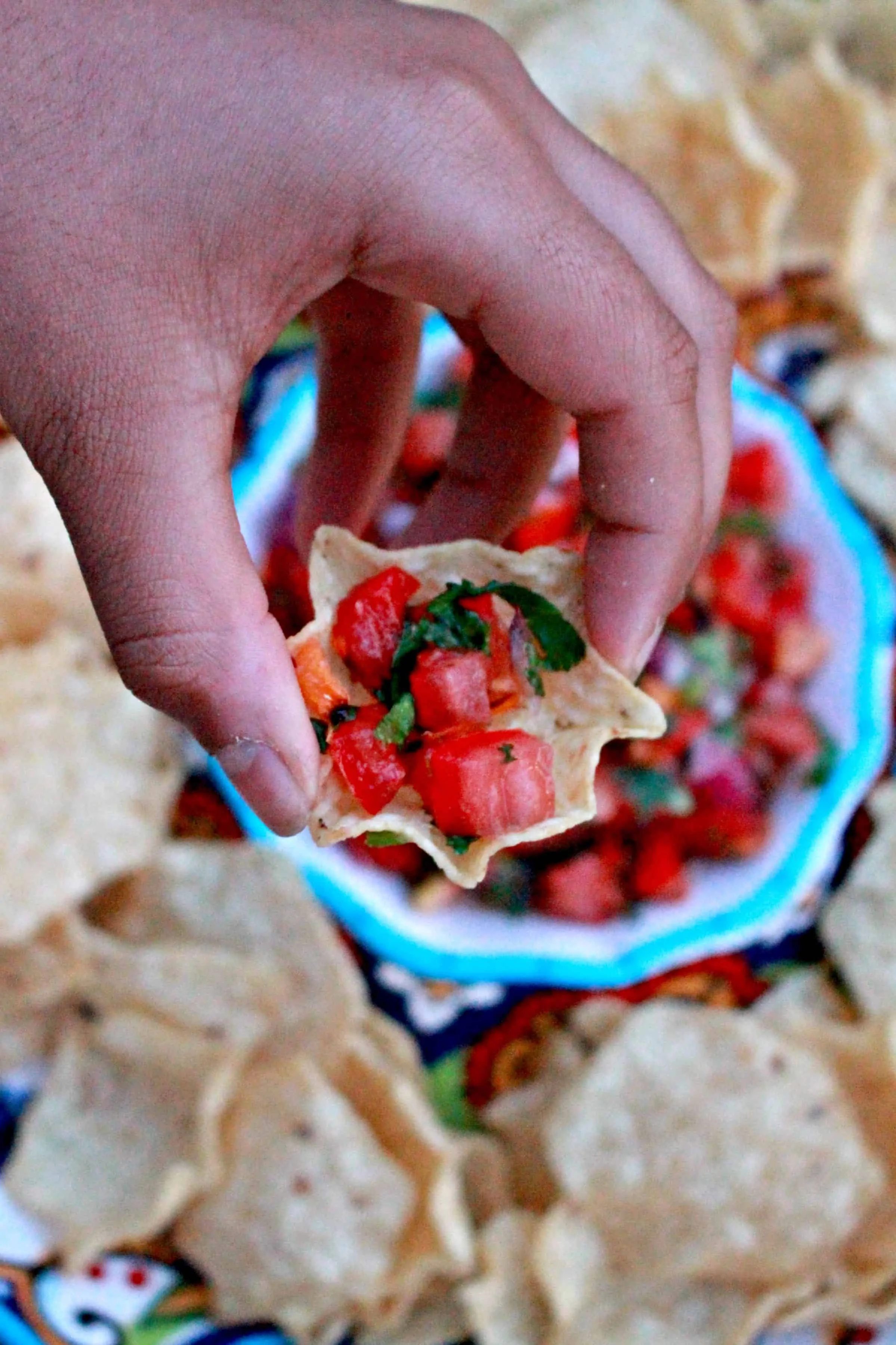 Habanero Salsa scooped in a tortilla chip