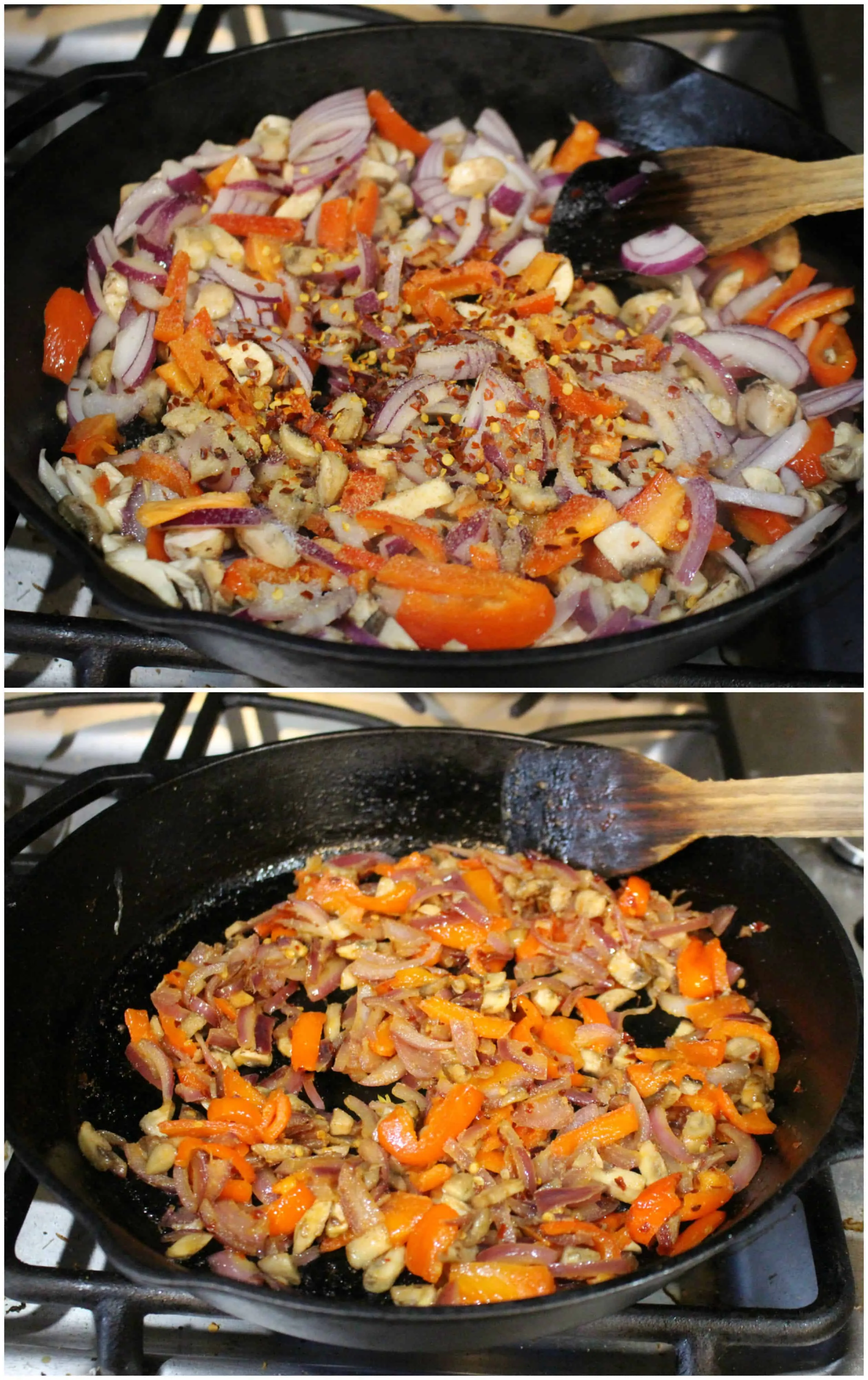 Frying vegetable and adding spices.