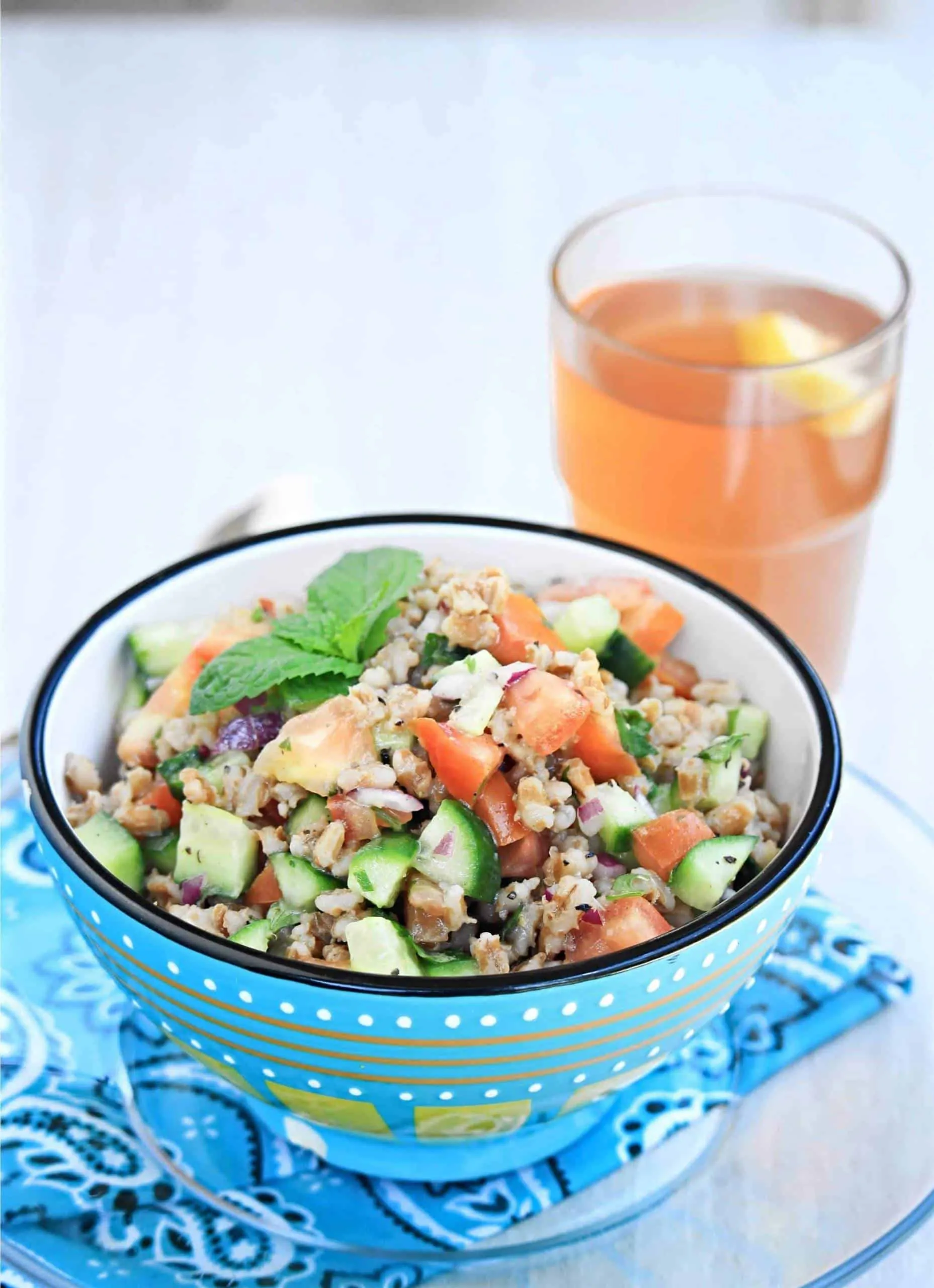 Summer Barley Salad with a drink.