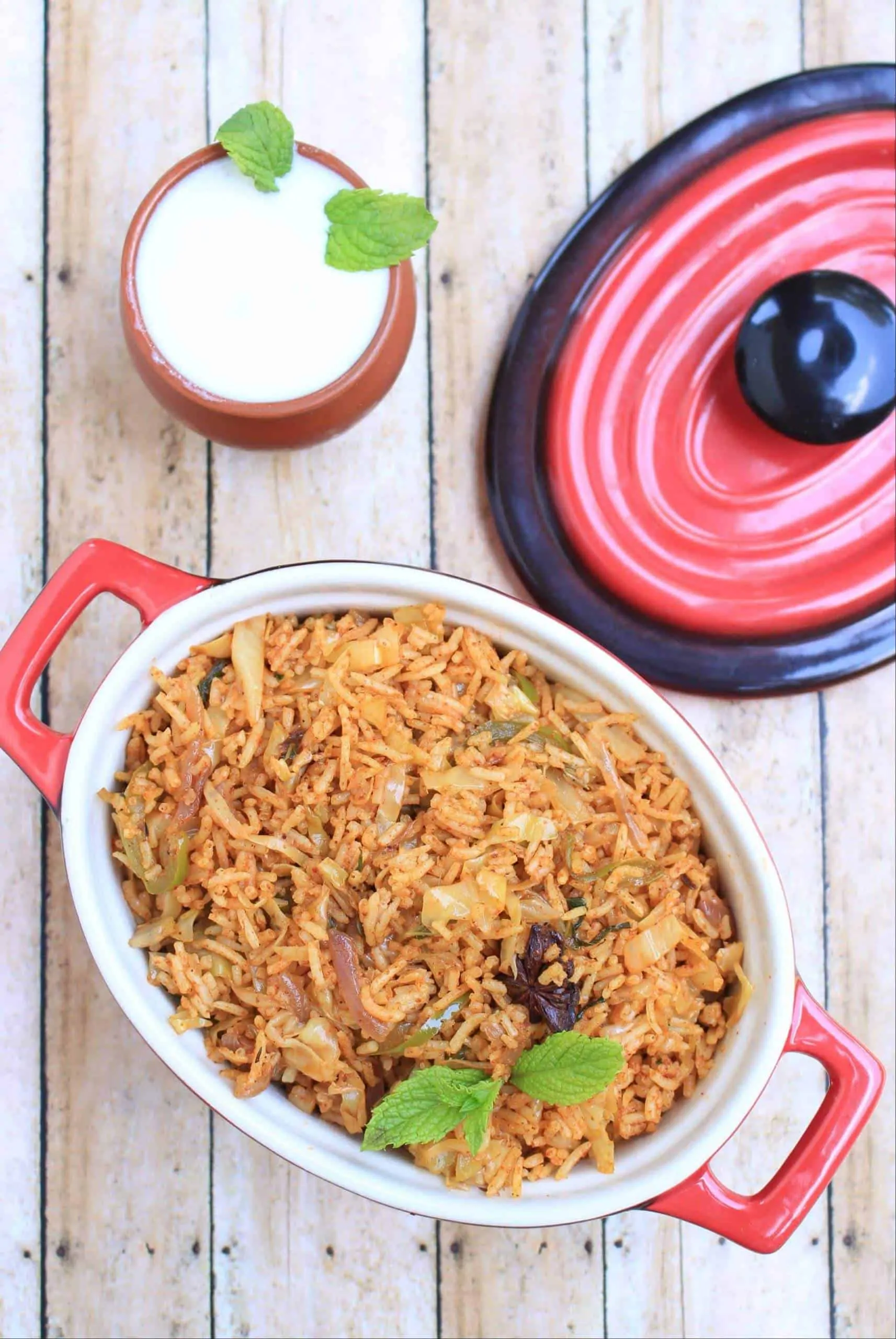 Simple Cabbage Biriyani with a side of Raita