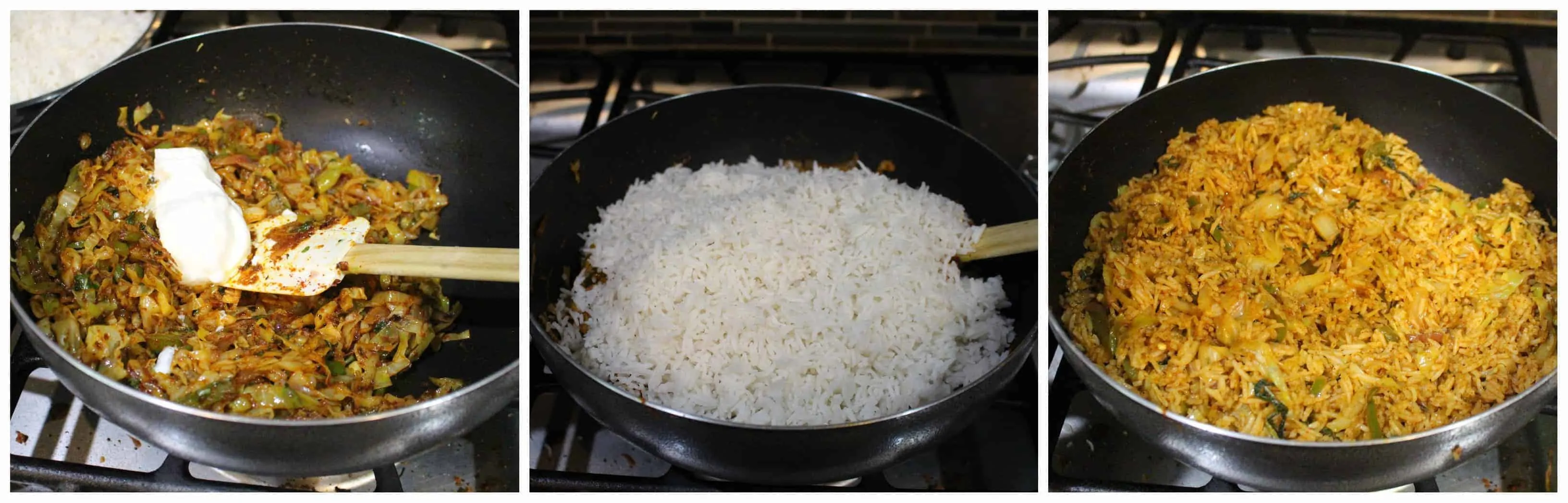 Mixing the spiced vegetables with rice