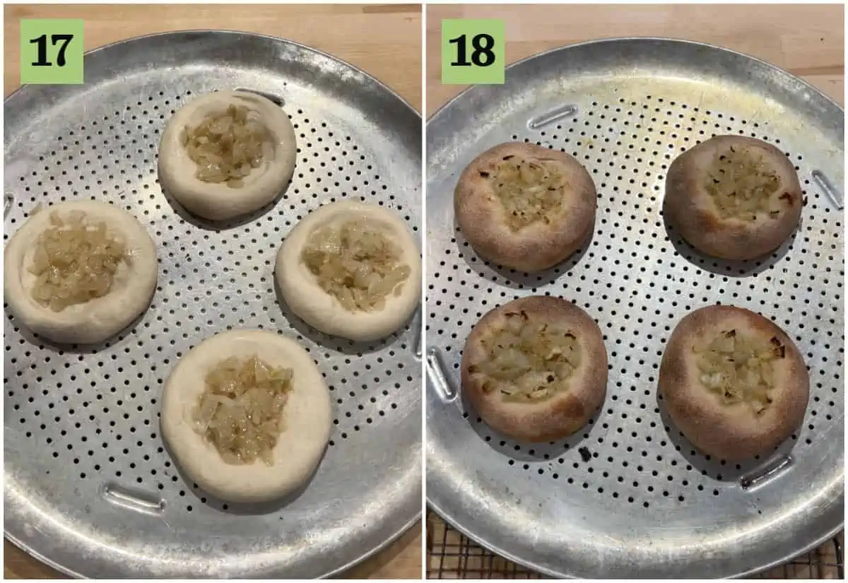 Placing the shaped bialys in a aluminum tray and baking them.