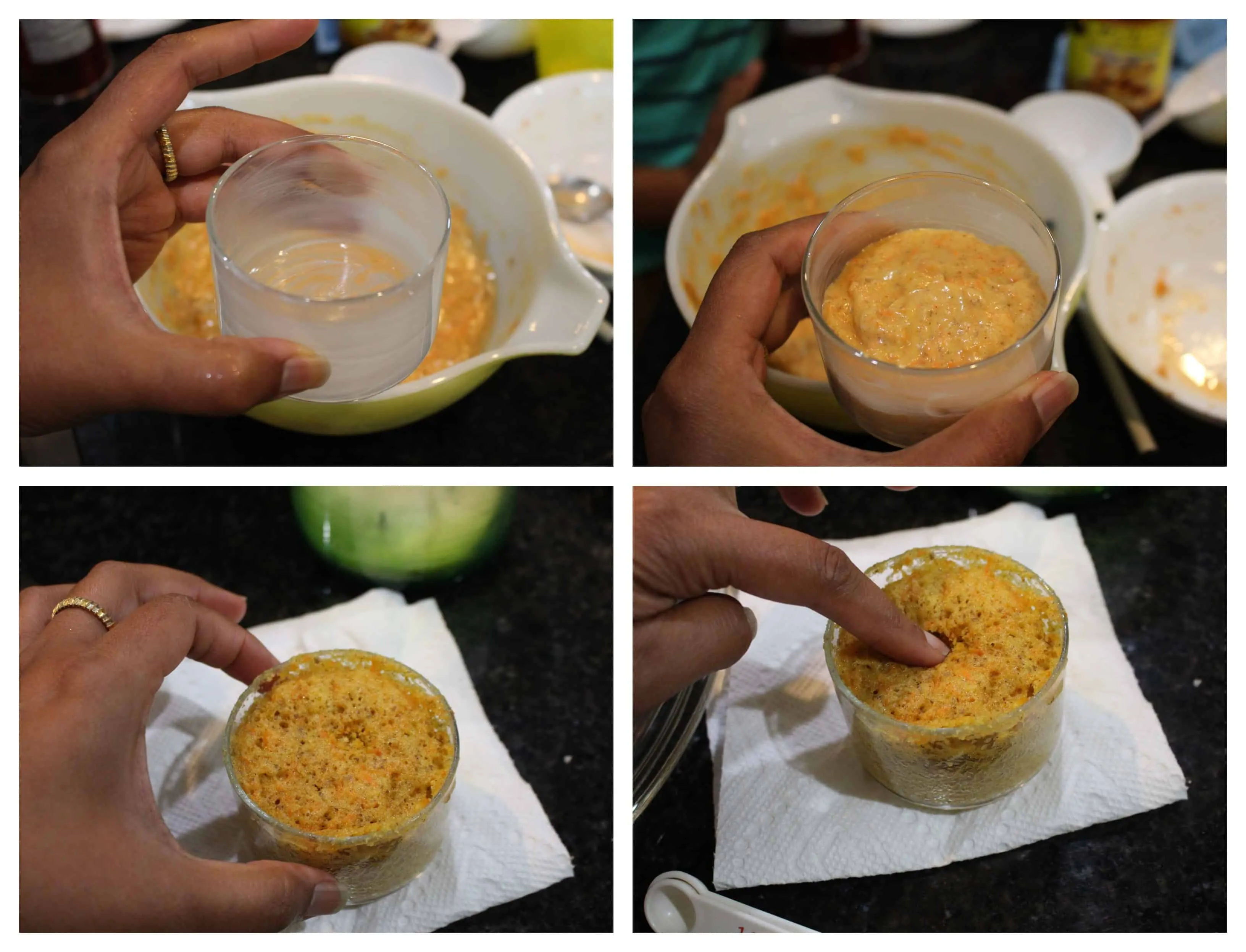 placing the carrot cake batter in a small clear ramekin and baking it