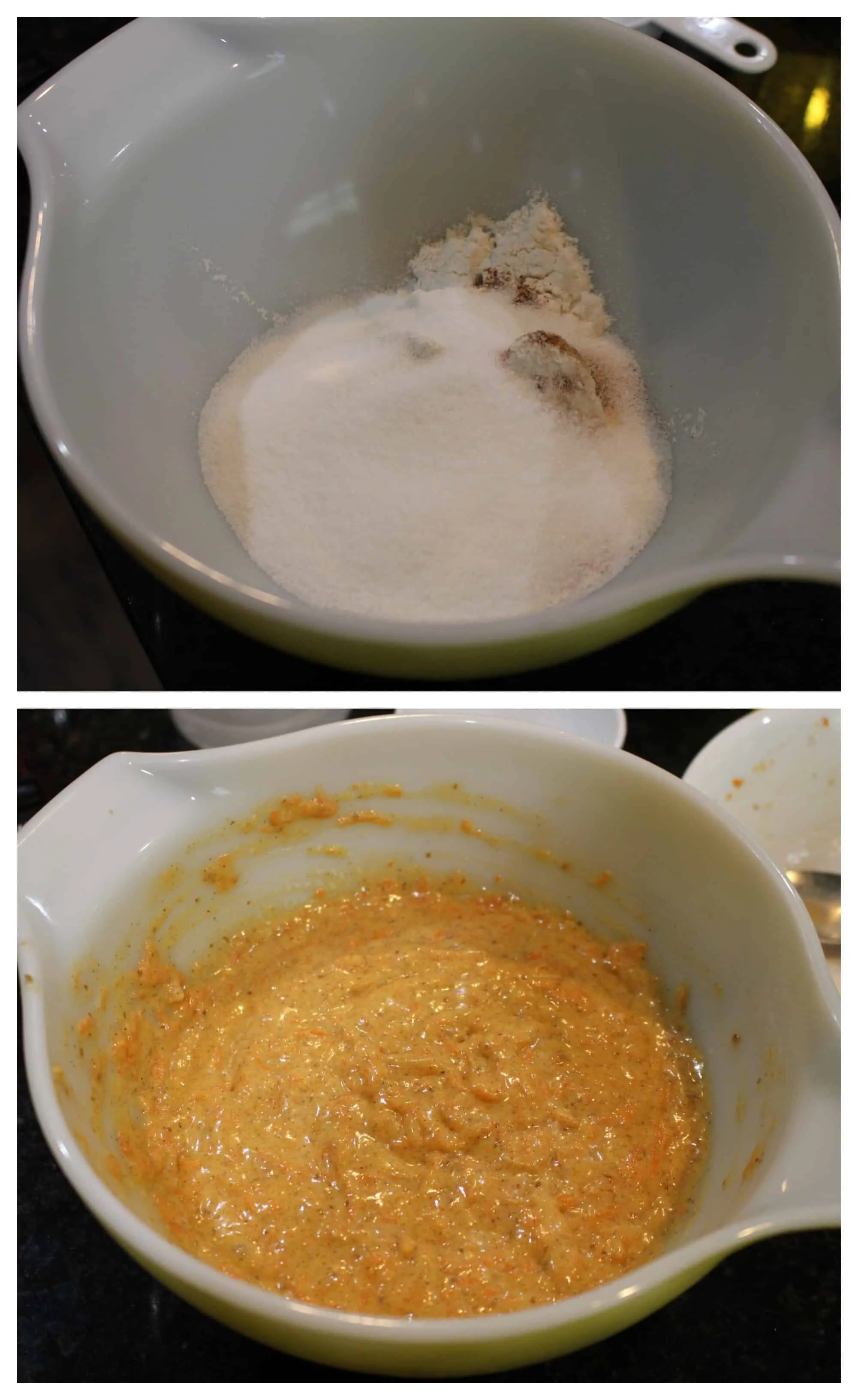 Mixing the ingredients for the carrot cake in a bowl