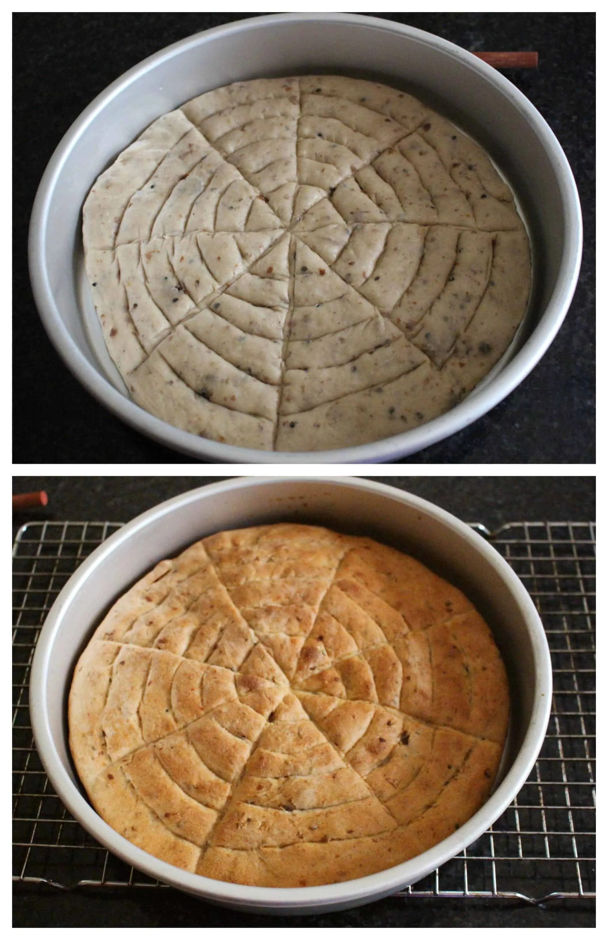 dough in a baking pan scored and baked