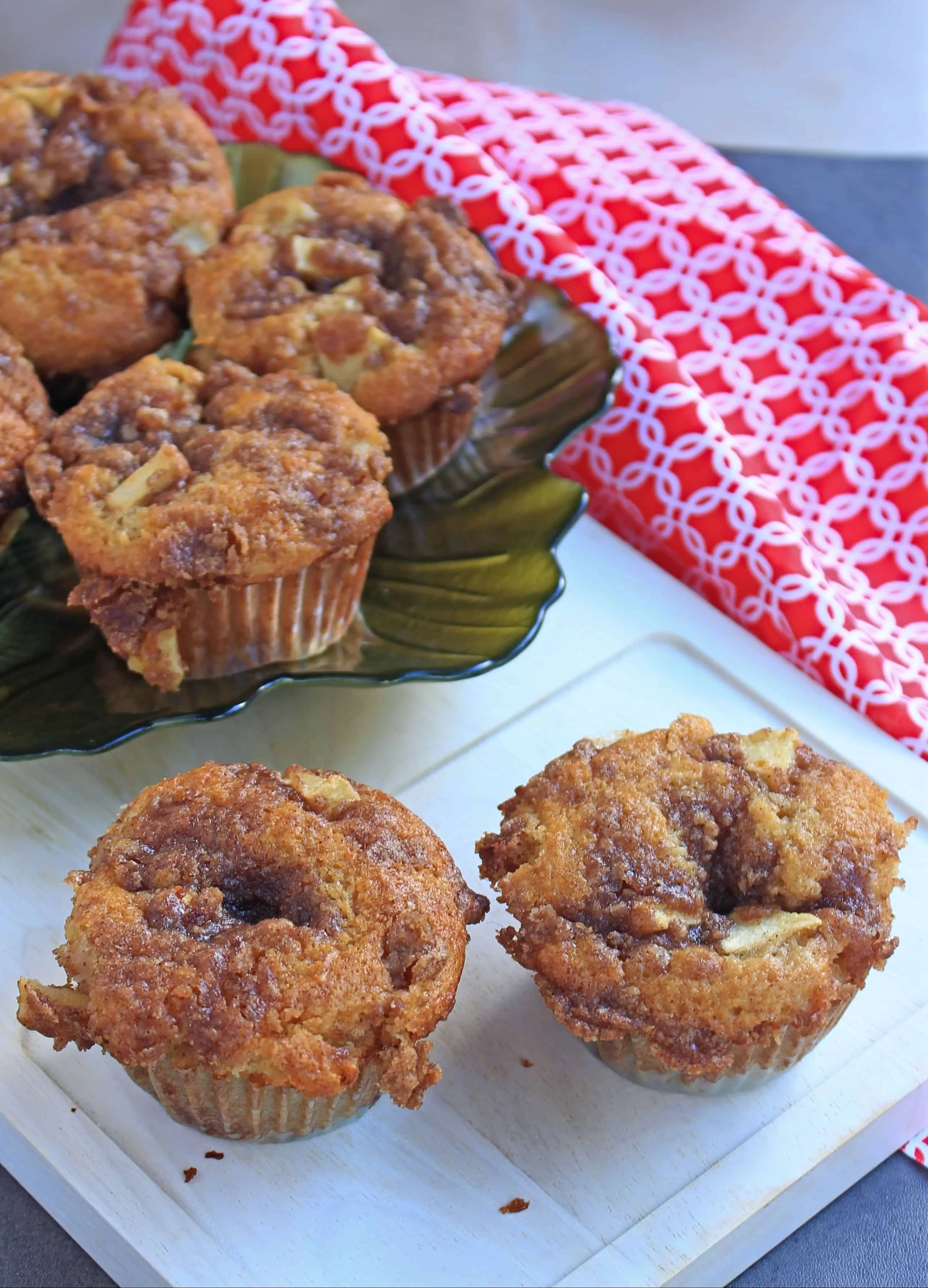 Apple Muffins Recipe idea with Cinnamon Apple Crumb in a bowl and wooden board.