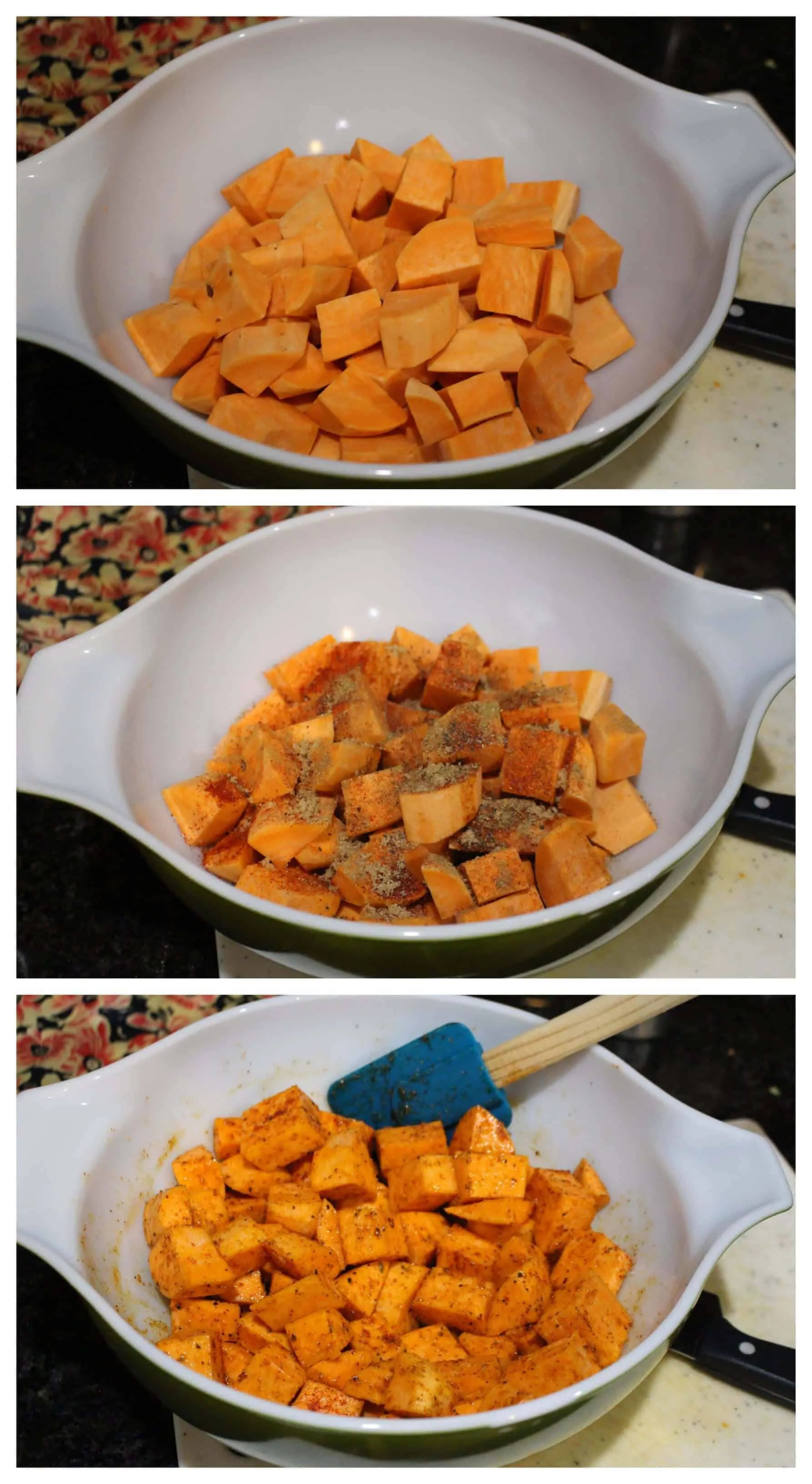 Mixing chopped Potatoes with spices in a large bowl.