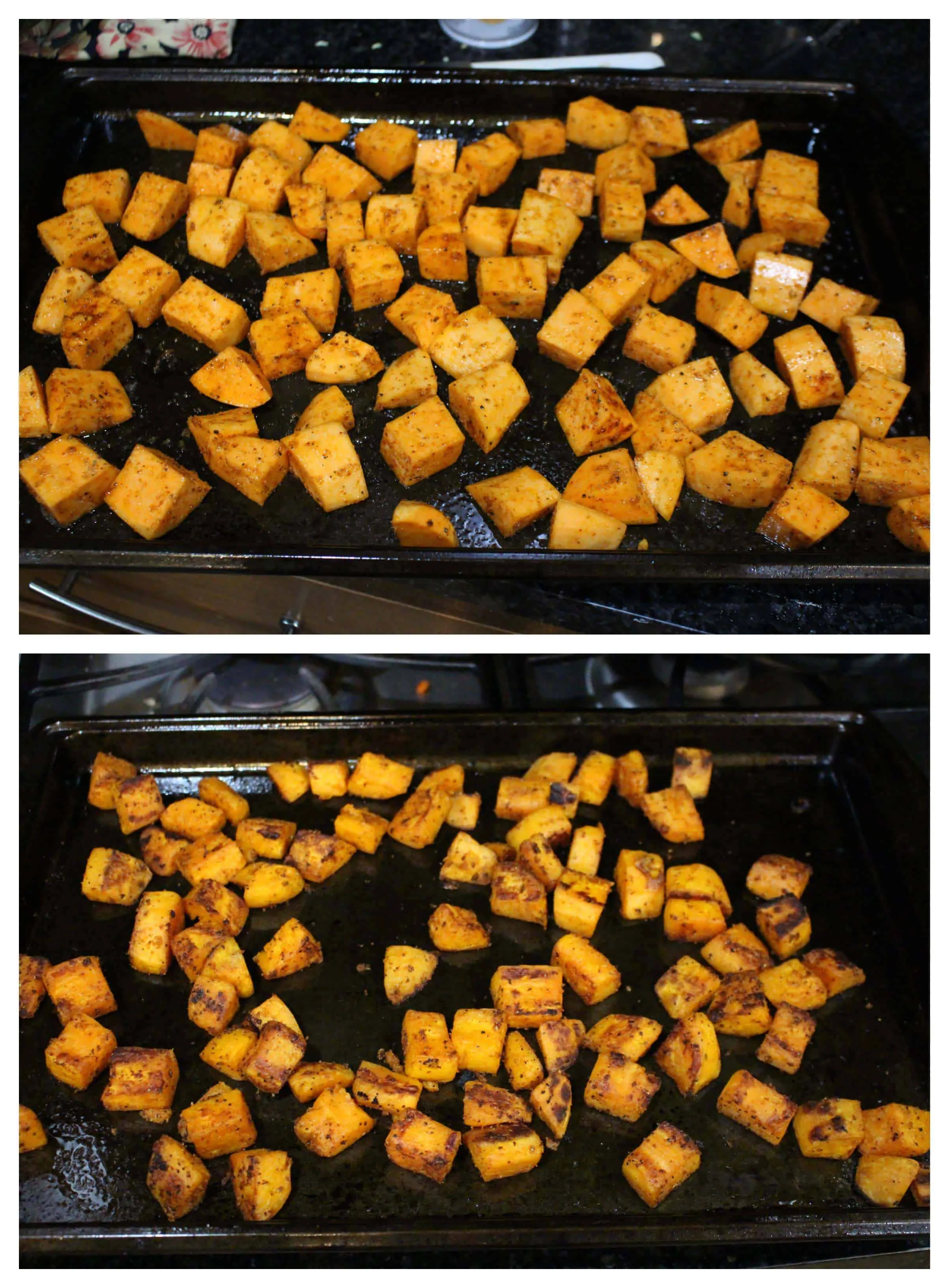 Baking Sweet Potatoes on the baking sheet.