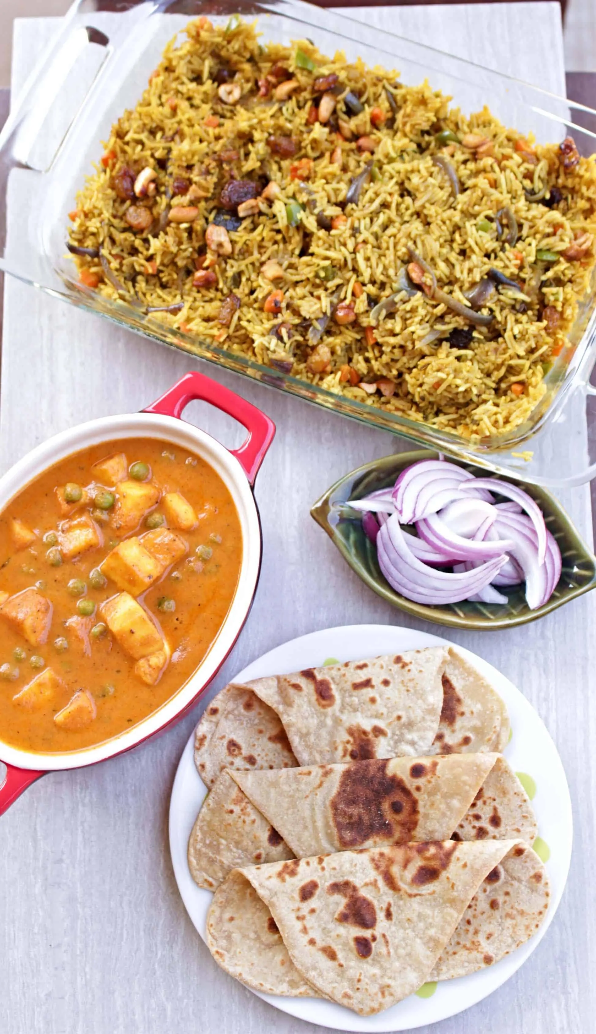 Simple Vegetable Biriyani with matar paneer and avocado paratha