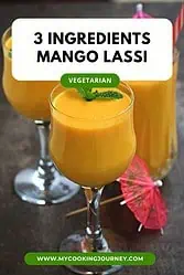 Glasses of mango lassi with text overlay.