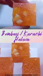 Two pictures of Bombay halwa with text in the middle.