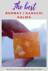 Bombay halwa piece with text overlay.