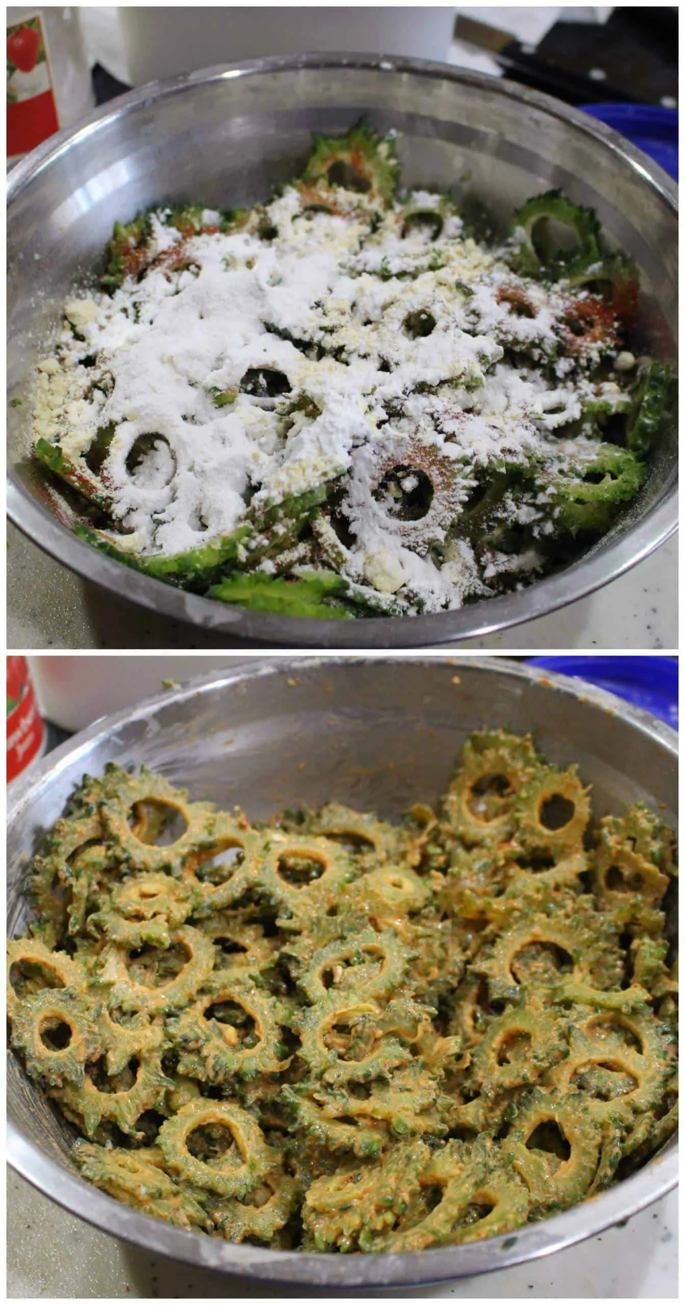 Bitter gourd / pavakkai mixed with flours to make chips