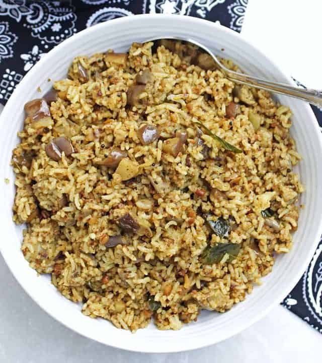 Vangi Bath or Brinjal Rice served in a big white bowl