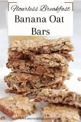 banana oatmeal bars stacked high in a white plate with text