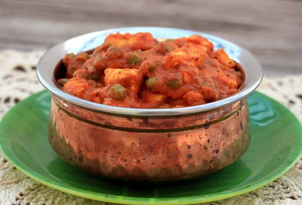 Matar Tofu in pot with plate